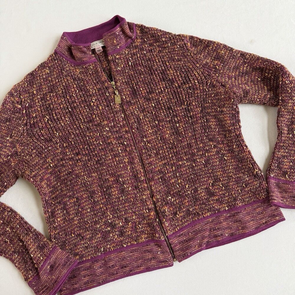 St John Marie Gray Textured Knit Zip Cardigan Sweater Jacket Sz LARGE Pink